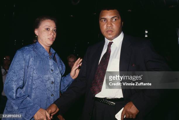 Yolanda Ali and husband, American heavyweight boxer Muhammad Ali attend an event, circa 1988.