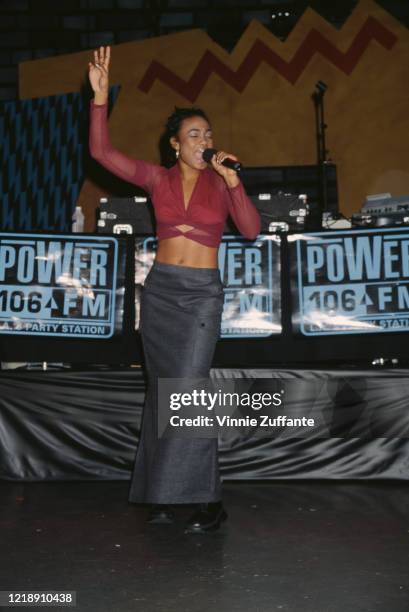 American actress and singer Tatyana Ali performing live on stage in Los Angeles, California, 1998.