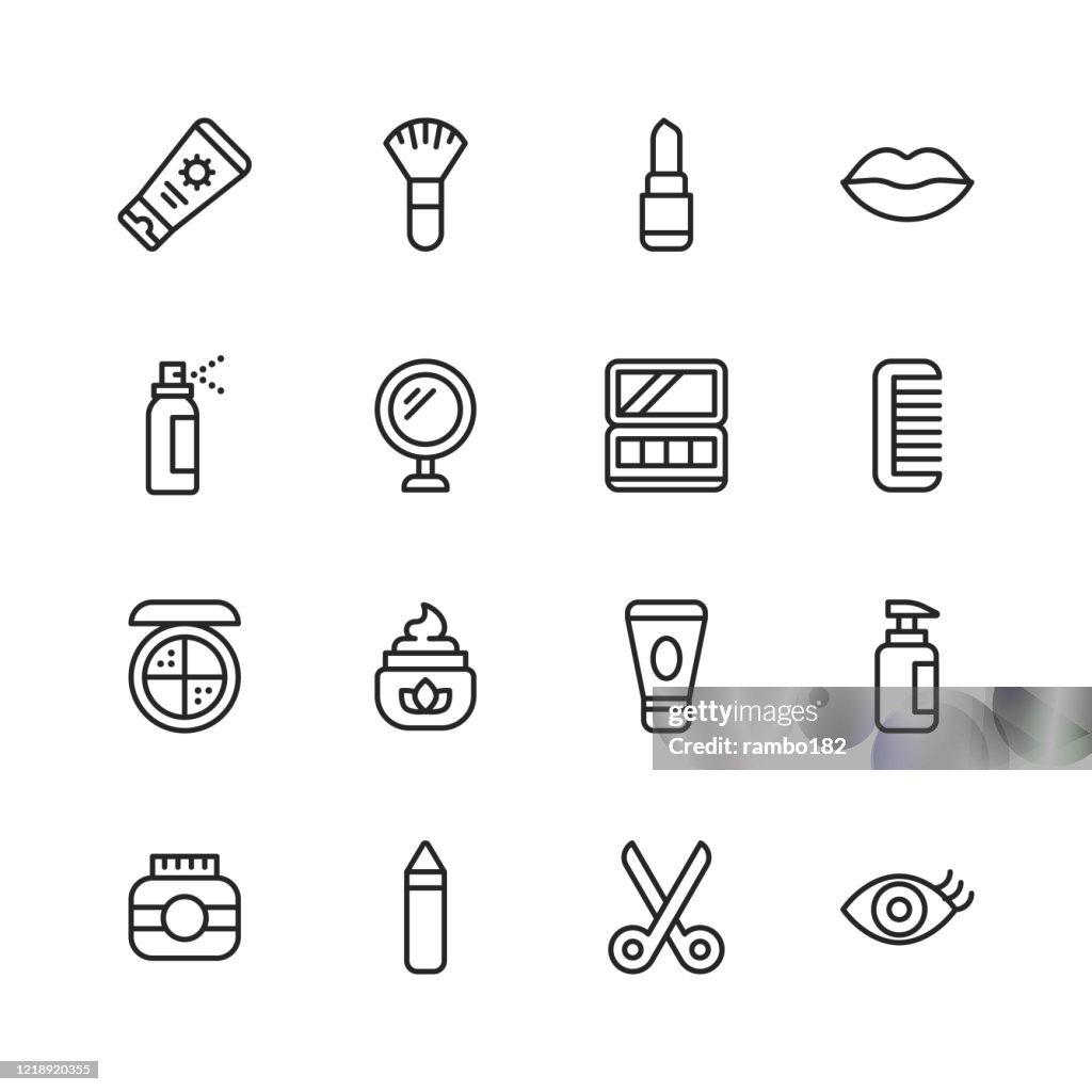 Ícones da linha de cosméticos. Curso editável. Pixel Perfeito. Para Mobile e Web. Contém ícones como Cosméticos, Beleza, Maquiagem, Shampoo, Salão de Beleza, Body Care, Higiene, Moda, Prego, Barbeiro, Perfume, Batom, Sobrancelha.