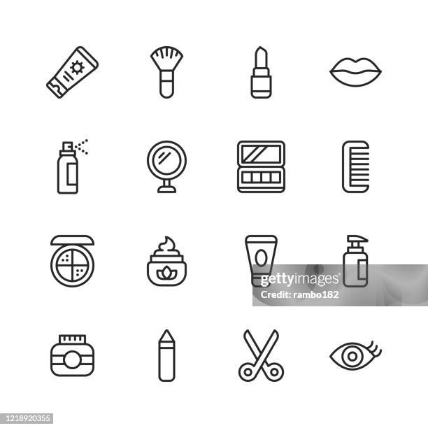 cosmetics line icons. editable stroke. pixel perfect. for mobile and web. contains such icons as cosmetics, beauty, make-up, shampoo, hair salon, body care, hygiene, fashion, nail, barber, perfume, lipstick, eyebrow. - spray bottle stock illustrations