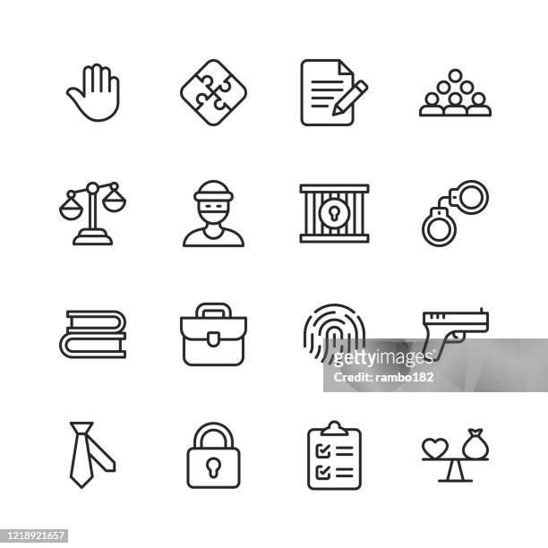 law and justice line icons. editable stroke. pixel perfect. for mobile and web. contains such icons as law, justice, thief, police, judge, agreement, government, contract, compliance, crime, lawyer, evidence, prison, equality, legal system. - oath stock illustrations