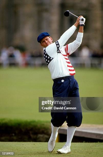 Payne Stewart of the USA drives down the fairway during the British Open at St Andrews Golf Club in Fife, Scotland. \ Mandatory Credit: David...