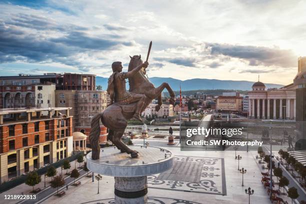 warrior on a horse monument in skopje city center - skopje stock pictures, royalty-free photos & images
