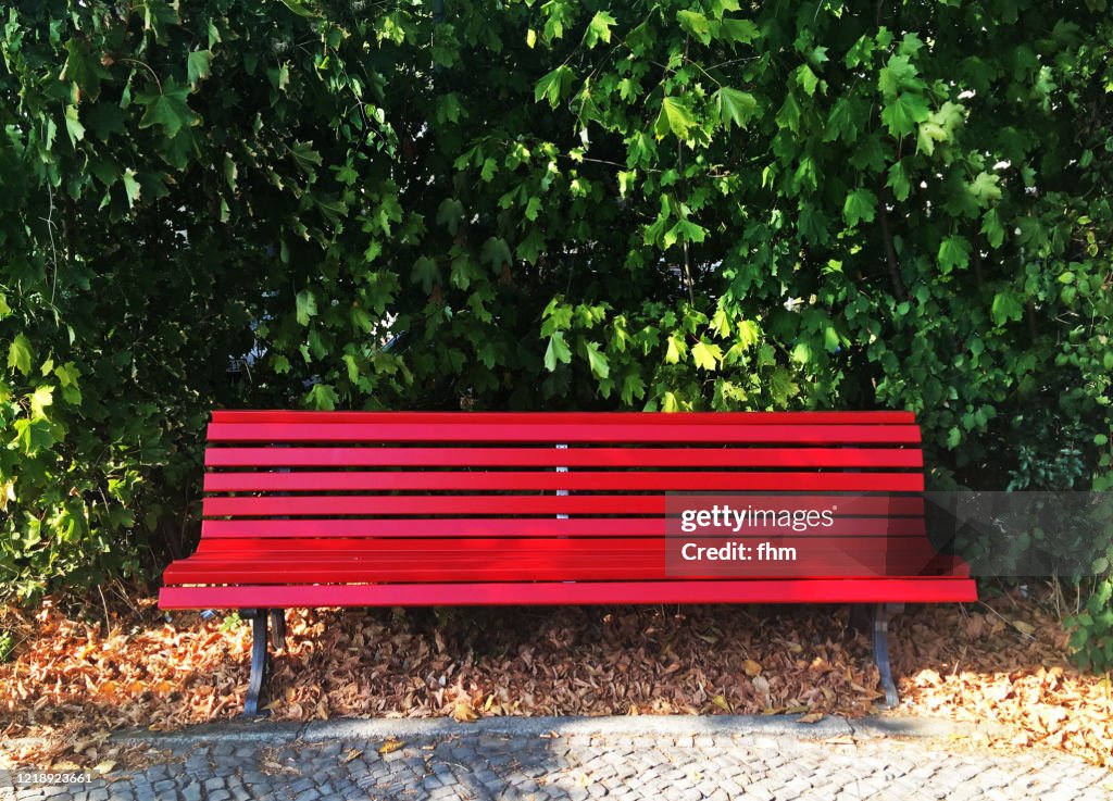 Red bench in a public park