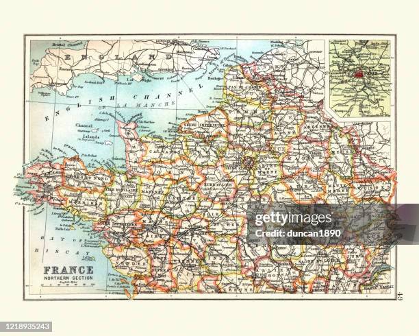 ilustrações, clipart, desenhos animados e ícones de mapa antigo do norte da frança, com detalhes sobre a região de paris - normandia