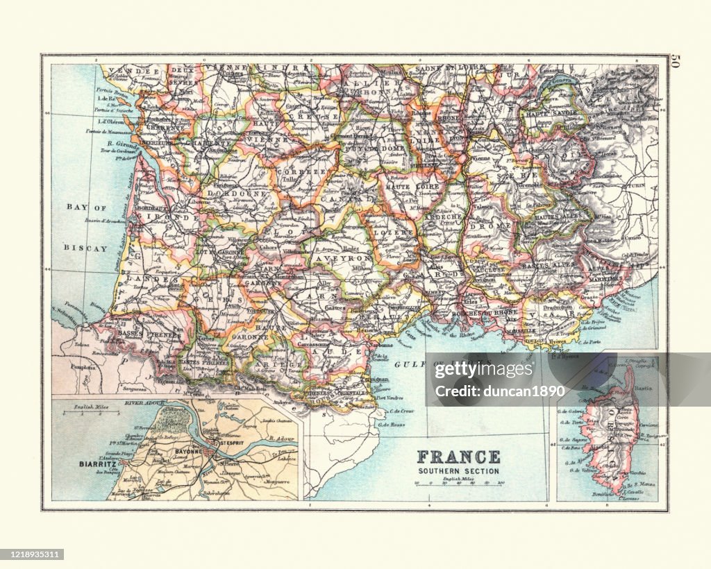 Antique Map of Southern France, with detail on Biarritz region
