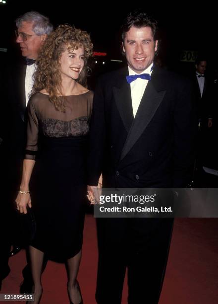 Actress Kelly Preston and actor John Travolta attend the L. Ron Hubbard Life Exhibition Opening Night on April 20, 1991 at the Hollywood Guaranty...