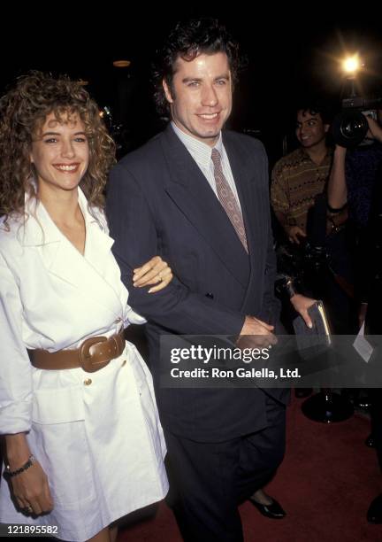 Actress Kelly Preston and actor John Travolta attend the "Hudson Hawk" Westwood Premiere on May 20, 1991 at Mann National Theatre in Westwood,...