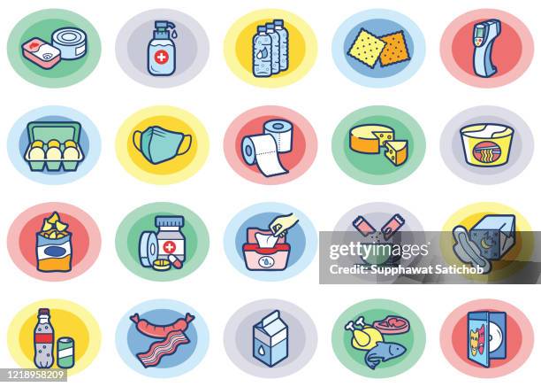 items for stay at home color clip arts icons set - vector cheese and crackers stock illustrations
