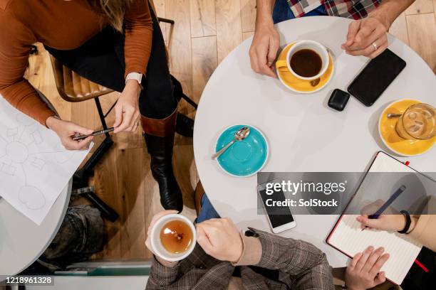 ideas over coffee - cup of tea from above fotografías e imágenes de stock