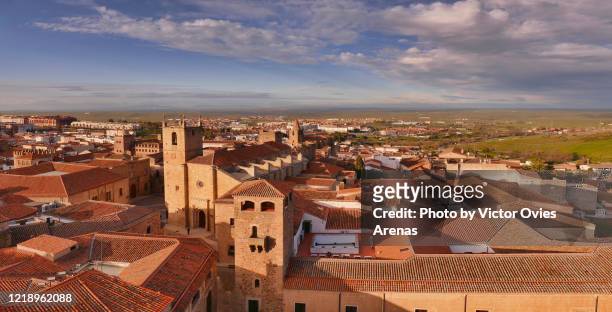 wide angle panoramic aerial view of the old historic center of caceres at sunset - caceres stock pictures, royalty-free photos & images