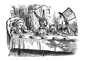 Alice in Wonderland Antique illustration - Mad Hatter tea party with Alice and rabbit