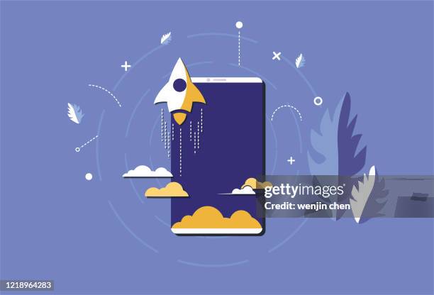 mobile phones and rockets, mobile phone systems - application launch stock illustrations