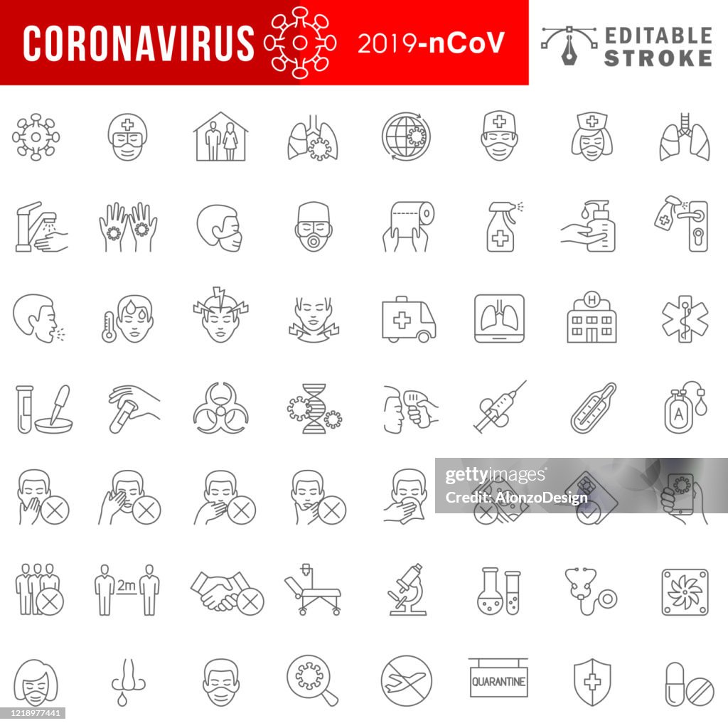 Coronavirus 2019-nCoV sintomas da doença e conjunto de ícones de prevenção.