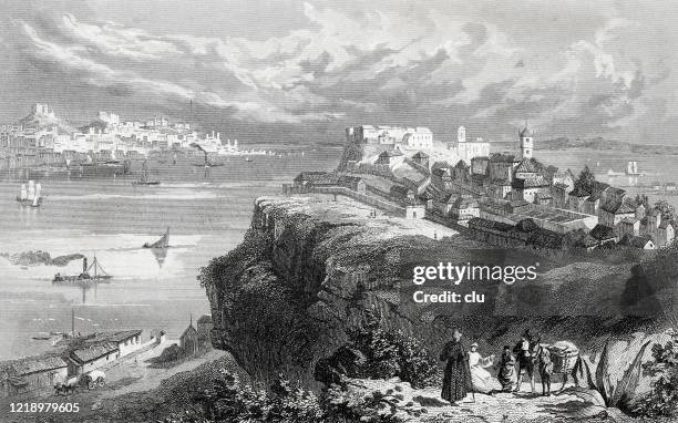 view of lisbon - tagus river stock illustrations