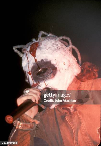 Slipknot band member is shown performing on stage during a "live" concert appearance on March 1, 2001.