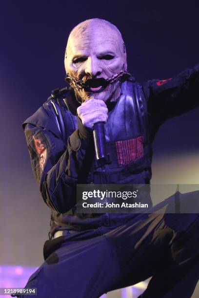 Singer Corey Taylor is shown performing on stage during a "live" concert appearance with Slipknot on December 7, 2014.