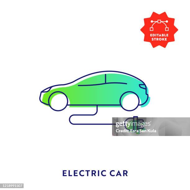 electric car gradient flat line icon with editable stroke and pixel perfect. - electric vehicle charging station stock illustrations