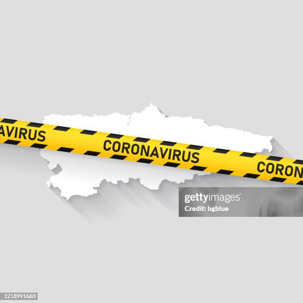 asturien karte mit coronavirus vorsichtband. covid-19-ausbruch - oviedo stock-grafiken, -clipart, -cartoons und -symbole