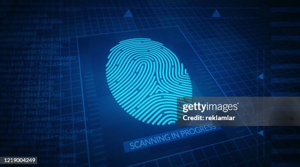 stockillustraties, clipart, cartoons en iconen met vinger scannen, ingerprint scannen op blauwe technologie. - scanning awareness reconnaisance