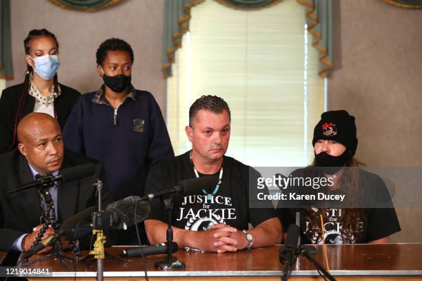 James Rideout and his sister Lisa Earl appear at a press conference with lawyer James Bible and family and friends of Manuel Ellis at the Emerald...