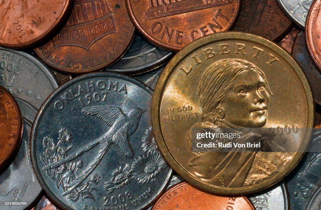 Sacagawea dollar and other American coins.