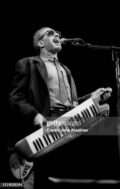 Musician Donald Fagen is shown performing on stage during a "live" concert appearance with Steely Dan on August 17, 1993.