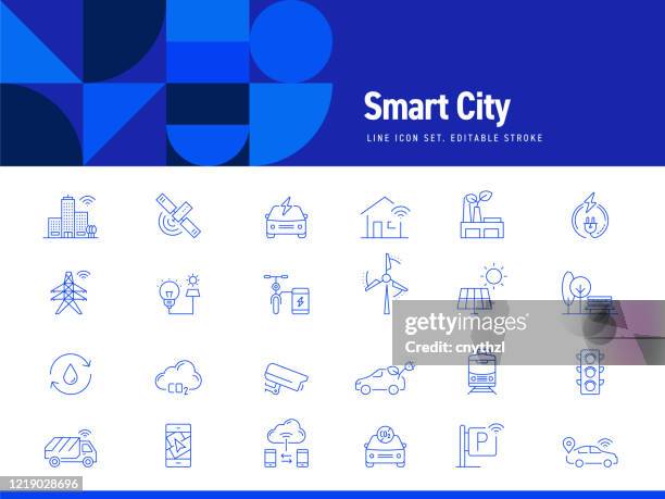 satz von smart city verwandte linie icons. bearbeitbarer strich. einfache gliederung saum-symbole. - smart city stock-grafiken, -clipart, -cartoons und -symbole