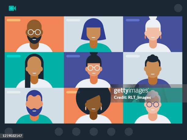 illustration of diverse group of friends or colleagues in a video conference - smiling-man-at-computer stock illustrations