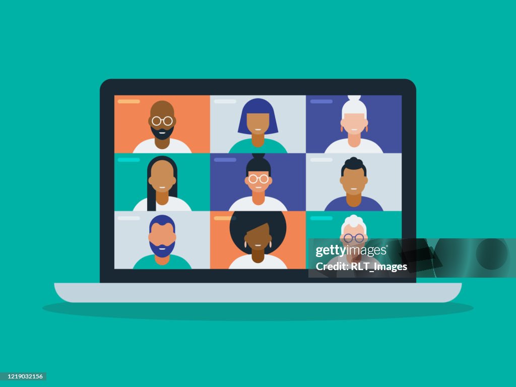 Illustration of a diverse group of friends or colleagues in a video conference on laptop computer screen