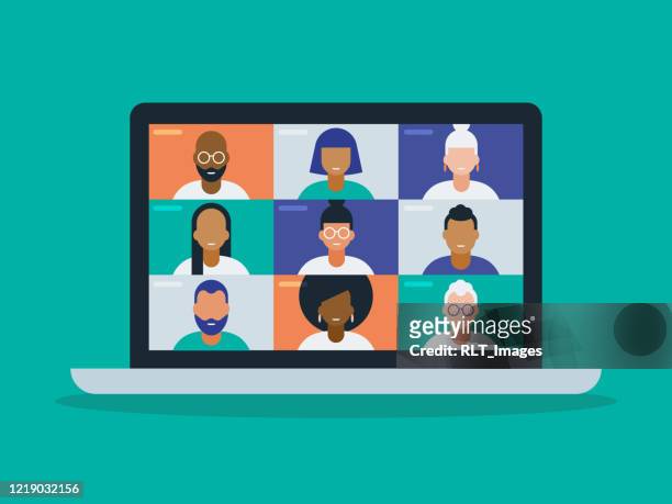 illustration of a diverse group of friends or colleagues in a video conference on laptop computer screen - flat stock illustrations