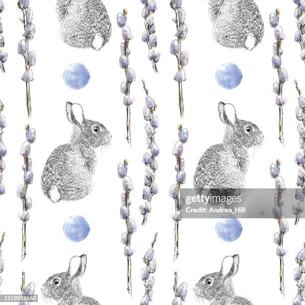 ilustrações de stock, clip art, desenhos animados e ícones de pussy willow and bunny watercolor and ink vector seamless pattern - seamless flower aquarel