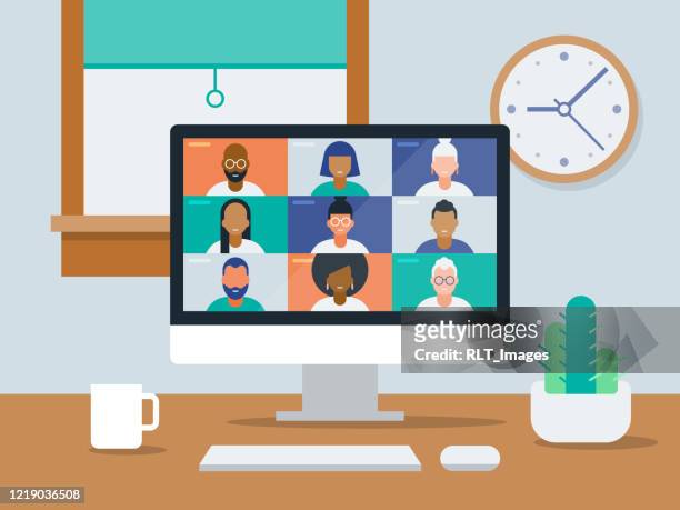 illustration of tidy work-from-home office with video conference on computer screen - computer stock illustrations