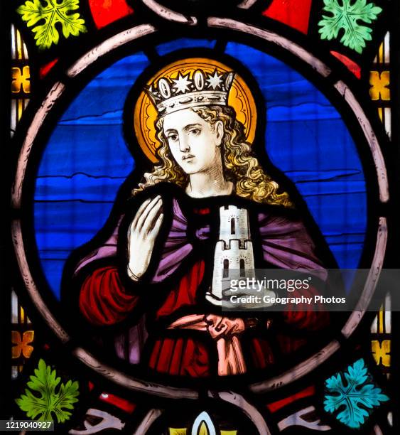Church of Saint Edmund, Bromeswell, Suffolk, England, UK stained glass window of Saint Barbara.