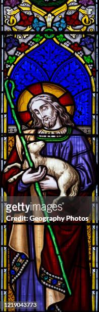 Church of Saint Edmund, Bromeswell, Suffolk, England, UK stained glass window Jesus Christ as the Good Shepherd.