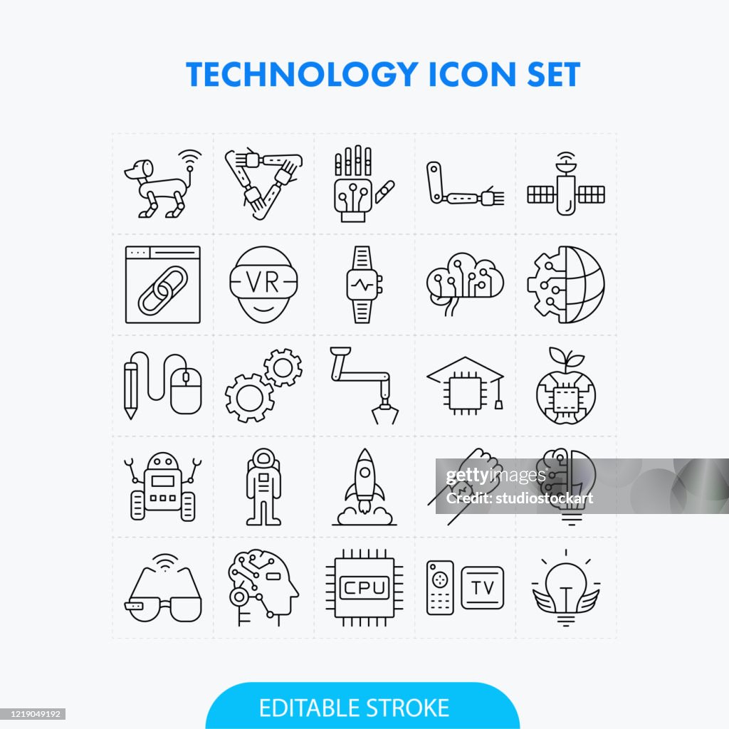 テクノロジーラインアイコンセット。編集可能ストローク