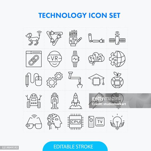 technology line icon set. editable stroke - animal brain stock illustrations