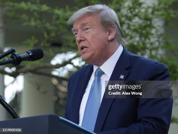 President Donald Trump speaks during a daily briefing of the White House Coronavirus Task Force in the Rose Garden at the White House April 15, 2020...