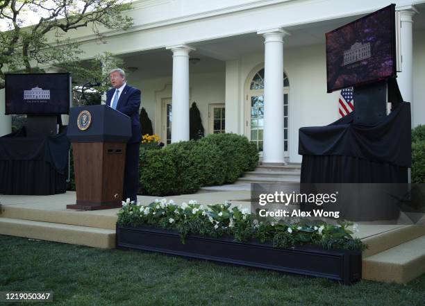 President Donald Trump speaks at the daily briefing of the White House Coronavirus Task Force in the Rose Garden at the White House April 15, 2020 in...