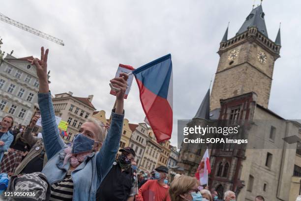 Woman waving the Czech flag during the demonstration. Association Milion Chvilek pro demokracii organised one of more than 150 demonstrations against...