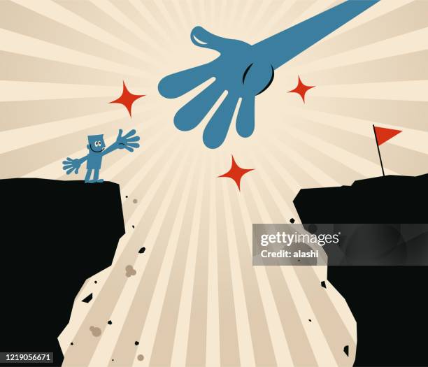 businessman standing on the edge of the cliff,a red flag in opposite side, a helping hand helps him to cross over the cliff, having great advisors, mentors, marketing technology and development guidance can be critical to the success of any company - reconciliation stock illustrations