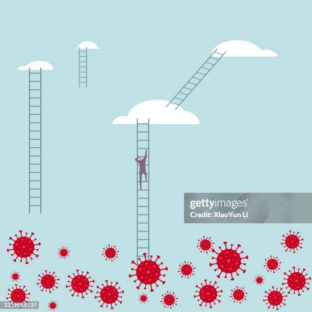 covid-19 attacked and a man escaped using a ladder. - impossible staircase stock illustrations