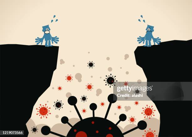 stockillustraties, clipart, cartoons en iconen met social distantiëren concept over nieuwe coronavirus (covid-19), mensen staan op de rand van de klif en kijken naar elkaar in tegenovergestelde kant. 's werelds grootste coronavirus lockdown, blijf thuis, quarantaine, noodtoestand - crag