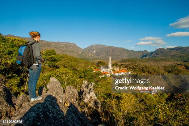 View of the Santuario de Nossa Senhora Mae dos Homens, a seminary and school converted into a pousada in Caraca, Minas Gerais in Brazil with a hiker...