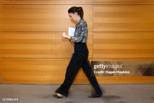 Prime Minister Jacinda Ardern makes an exit after a press conference at Parliament on April 16, 2020 in Wellington, New Zealand. Prime Minister...