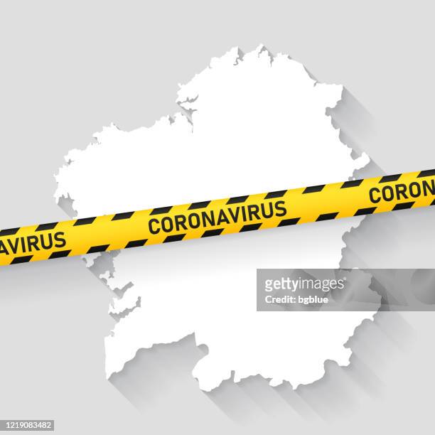 stockillustraties, clipart, cartoons en iconen met galicië kaart met coronavirus voorzichtigheid tape. covid-19 uitbraak - santiago de compostela