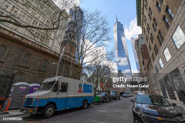 View of a ConEd truck outside One World Trade Center during the coronavirus pandemic on April 15, 2020 in New York City. COVID-19 has spread to most...