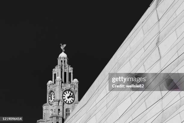 liverbird behind a modern facade - royal liver building stock pictures, royalty-free photos & images