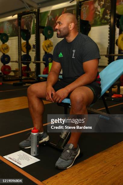 Paul Lasike of Harlequins participates in a gym training session at Surrey Sports Park on June 10, 2020 in Guildford, England.