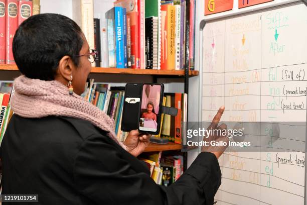 Ponnie Moodley educates her online students during an interview on June 09, 2020 in Johannesburg, South Africa. The veteran educator of 31 years has...